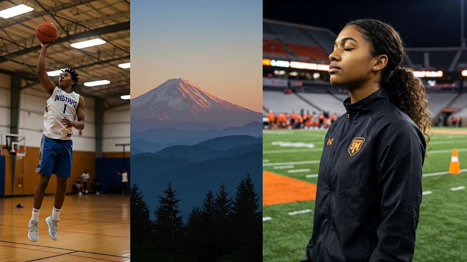Basketball athlete doing a jumper, with a landscape background and a female soccer athlete closing their eyes and visualising.