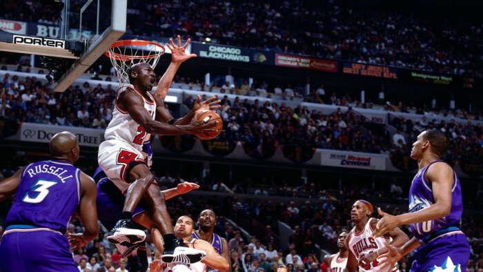 Michael Jordan playing basketball for Chicago Bulls.